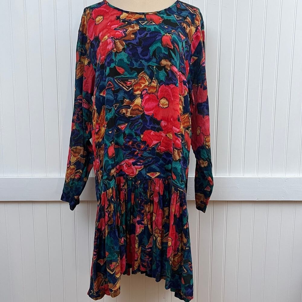 Vtg Pasta Dress Fairy Hippie Bold Floral Abstract Drop Waist Red Blue Green L